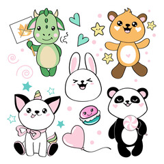 Cute animals in kawaii style collection on a white background. Caticorn, bunny, dragon, panda and bear