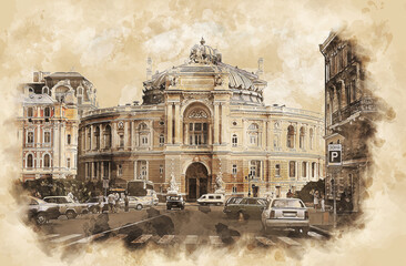 Opera and ballet theatre in Odessa, Ukraine. Sketch drawing