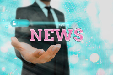 Text sign showing News. Business photo text comprehensive uptodate information from sources all...