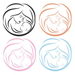 Logo mommy with baby. Gentle protection. Safety for the child and mother. Care of the newborn's health Set of vector illustrations. Four color options. Isolated objects.