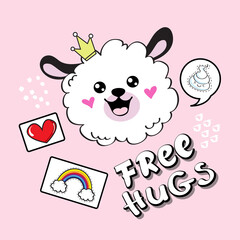 Cute kawaii lamb and free hugs inscription on a pink background
