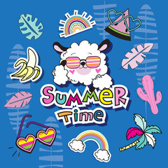 Cute llama with glasses and the inscription summer time on a blue background. Fashion patch badges