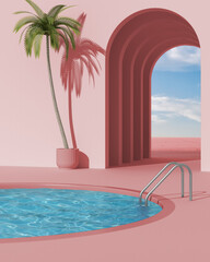 Fototapeta na wymiar Dreamy terrace, over beach or desert landscape with cloudy sky, potted palm tree, archways in pink stucco plaster, round swimming pool with ladder, metaphysical interior design