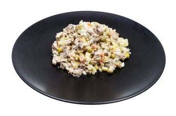 portion of russian Olivier salad on black plate isolated on white background