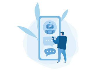 Chatbot, smartphone chat. AI robot assistant. Vector illustration for web banner, infographics, mobile. Artificial software discussion. 