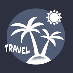 Travel vector illustration on a dark blue background with palm tree