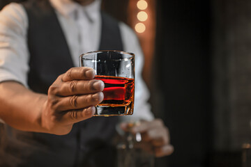 Bartender Serve Whiskey, on wood bar,