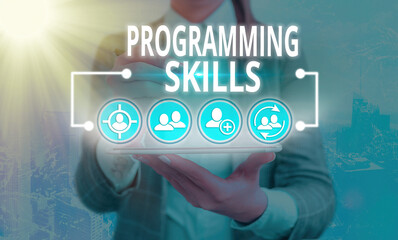 Word writing text Programming Skills. Business photo showcasing expertise required to program...
