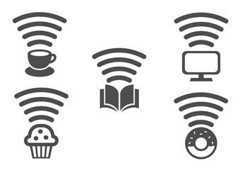 wifi and signal sensor icon set for shop and store / tv coffee donut book bekery