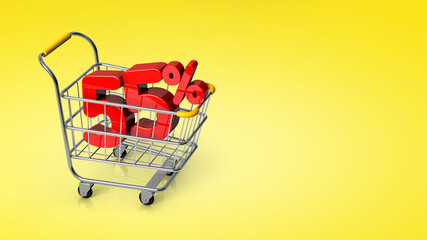 Shopping cart with 55% discount on yellow background. 55 percent discount in shopping cart with copy space. Sale concept. 3D render illustration isolated on white background.