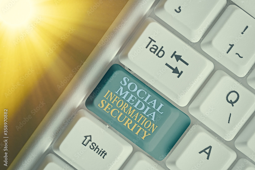 Poster writing note showing social media information security. business concept for careful in using multim