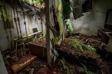 The interior of the buildings in an abandoned resort located in the middle of the forest