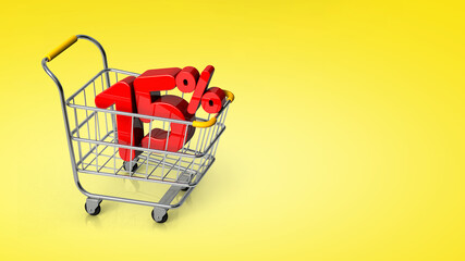 Shopping cart with 15% discount on yellow background. 15 percent discount in shopping cart with copy space. Sale concept. 3D render illustration isolated on white background.