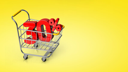 Shopping cart with 30% discount on yellow background. 30 percent discount in shopping cart with copy space. Sale concept. 3D render illustration isolated on white background.