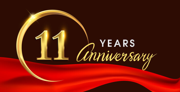 11th anniversary logotype with golden ring isolated on red ribbon elegant background, vector design for birthday celebration, greeting card and invitation card.