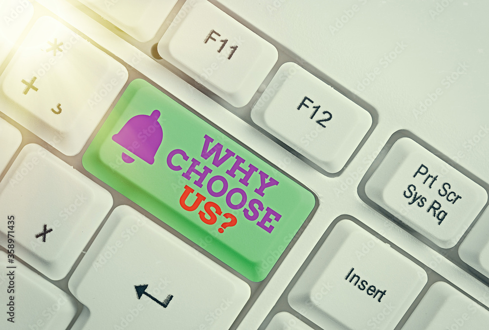 Poster writing note showing why choose us question. business concept for reasons for selecting our brand ov