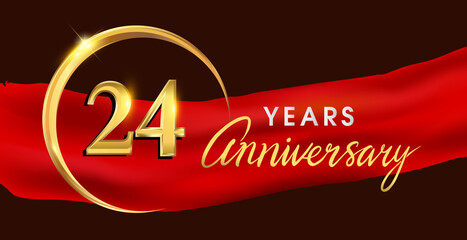 24th anniversary logotype with golden ring isolated on red ribbon elegant background, vector design for birthday celebration, greeting card and invitation card.
