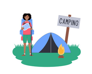 Local travel. Woman is resting in a tent while hiking. Traveler in camping isolated on white. Vector flat illustration.