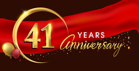 41st anniversary logotype with golden ring isolated on red ribbon elegant background, vector design for birthday celebration, greeting card and invitation card.
