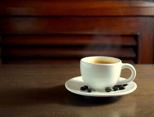 Hot espresso coffee in white cup on dark brown wooden table