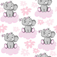Cute elephant with a pink flower on a white background seamless pattern. Vector illustration for children