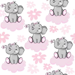 Fototapete Elefant Netter Elefant mit einer rosa Blume auf einem nahtlosen Muster des weißen Hintergrundes. Vektorillustration für Kinder