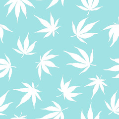 Fototapeta na wymiar seamless pattern of cannabis leaves on a blue background. White hemp leaves. Marijuana pattern