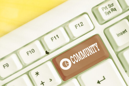 Word writing text Community. Business photo showcasing group of showing with a common characteristics living together White pc keyboard with empty note paper above white key copy space