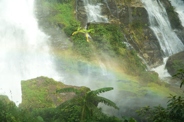 Closed up water fall located in deep rain forest jungle with rainbow named 