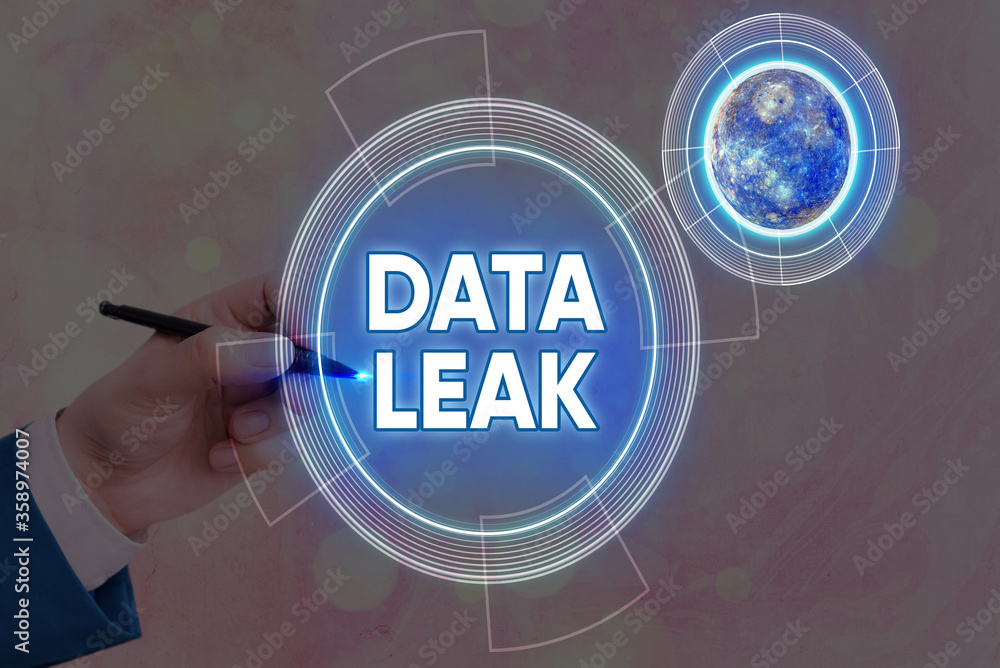 Poster conceptual hand writing showing data leak. concept meaning released illegal transmission of data fro