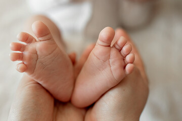Obraz na płótnie Canvas Small baby feet of a baby in the hands of the mother. Love in the family. Family value. A mother's love for a newborn child. The concept of a happy childhood.