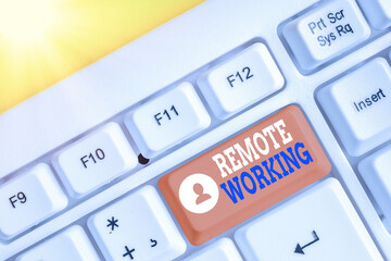 Conceptual hand writing showing Remote Working. Concept meaning style that allows professionals to...