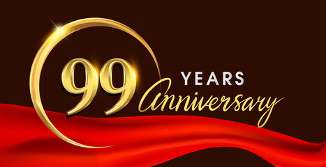 99th anniversary logotype with golden ring isolated on red ribbon elegant background, vector design for birthday celebration, greeting card and invitation card.