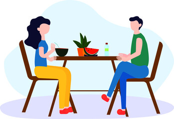 Fototapeta premium A man and a woman are sitting at a table talking in the fresh air. Fresh watermelon, summer days. Vector illustration in flat style.