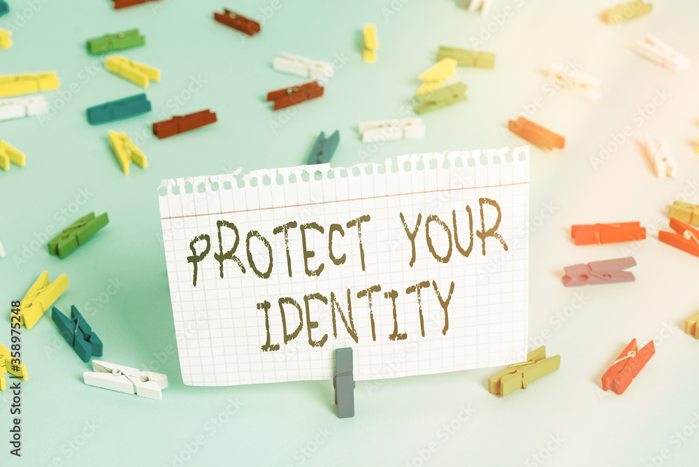 Poster writing note showing protect your identity. business concept for secure from data breach and informa
