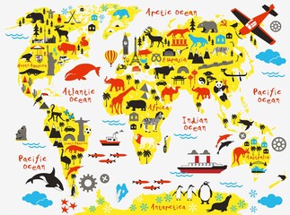 Animal map of the world for children and kids