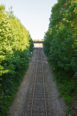 Railway, train tracks going through a forest. Beautiful sunlight and nature. Normandy, France. Bridge in the background. View from up high. Vertical shot