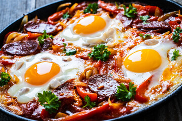 Shakshuka - fried eggs with chorizo and vegetables in frying pan
