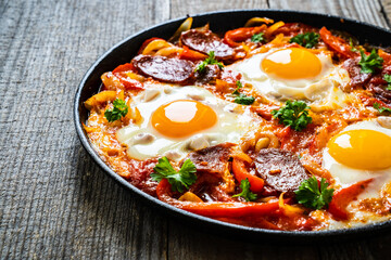 Shakshuka - fried eggs with chorizo and vegetables in frying pan
