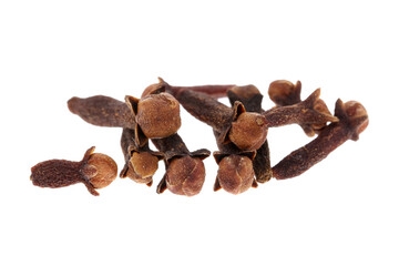 Cloves spice. Some dried cloves, macro close-up Isolated on white background, with a light shadow.
