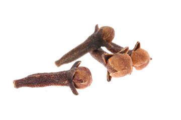 Cloves spice. Some dried cloves, macro close-up Isolated on white background, with a light shadow.