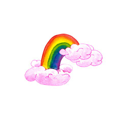 Watercolor illustration of a rainbow in pink clouds. Isolated on a white background