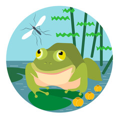 A hungry frog is going to eat the mosquito. Flat vector illustration