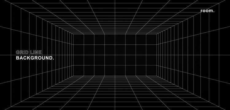 Empty futuristic digital wall box grey-black background with white grid space line color surface. Network cyber technology. banner, cover, terrain, sci-fi, wireframe, and related to background.