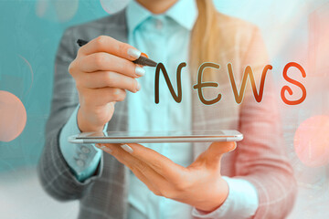 Text sign showing News. Business photo text comprehensive uptodate information from sources all...