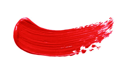 Red lipstick stroke smudge smear isolated on white background. Bright color cream make-up swatch cut out