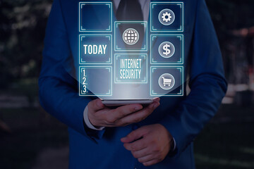 Conceptual hand writing showing Internet Security. Concept meaning process to protect against attacks over the Internet