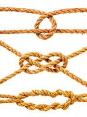 a small set of classic nautical knots tied from a rough natural rope and isolated on a white background