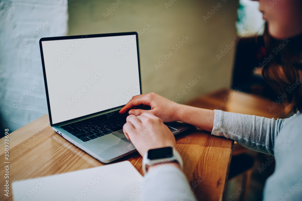 Poster cropped image of female typing on laptop computer creating publication for blog content . woman work