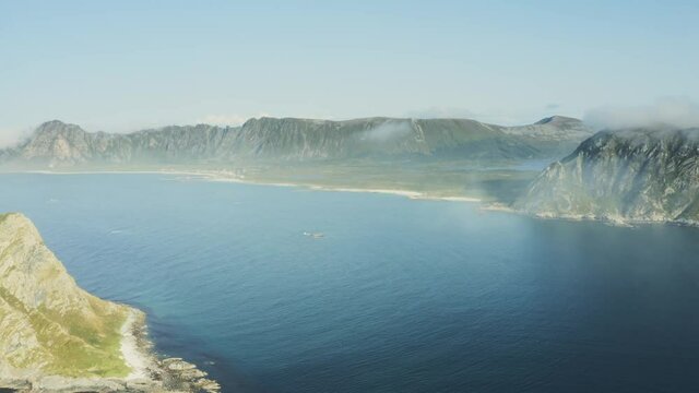 Aerial view drone landscape ocean and rocks in Norway scandinavian travel destinations Vesteralen islands summer season